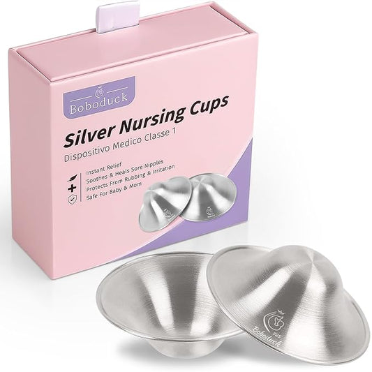 Boboduck The Original Silver Nursing Cups - Nipple Shields for Nursing Newborn, Newborn Breastfeeding Essentials Must Haves for Soothe and Protect Your Nursing Nipples - 925 Silver (X-L Size)