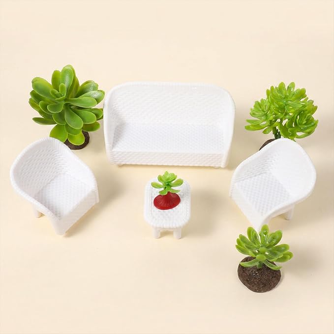 8 Pcs Wicker Tea Table Chair Plant Set, Miniature Dollhouse Furniture Decor by Unknown