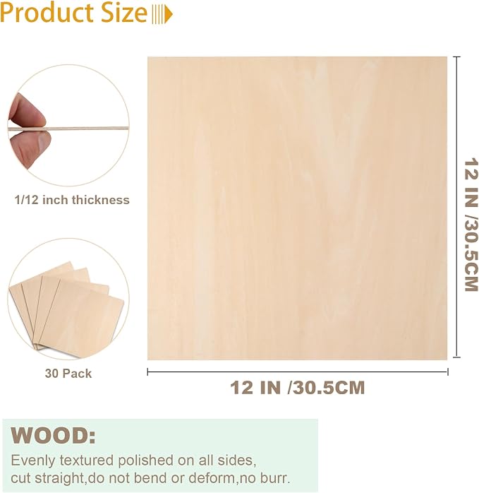 30 Pack Basswood Sheets 12x12x1/12 Inch, Plywood Sheet Unfinished Wood Boards - Image 2