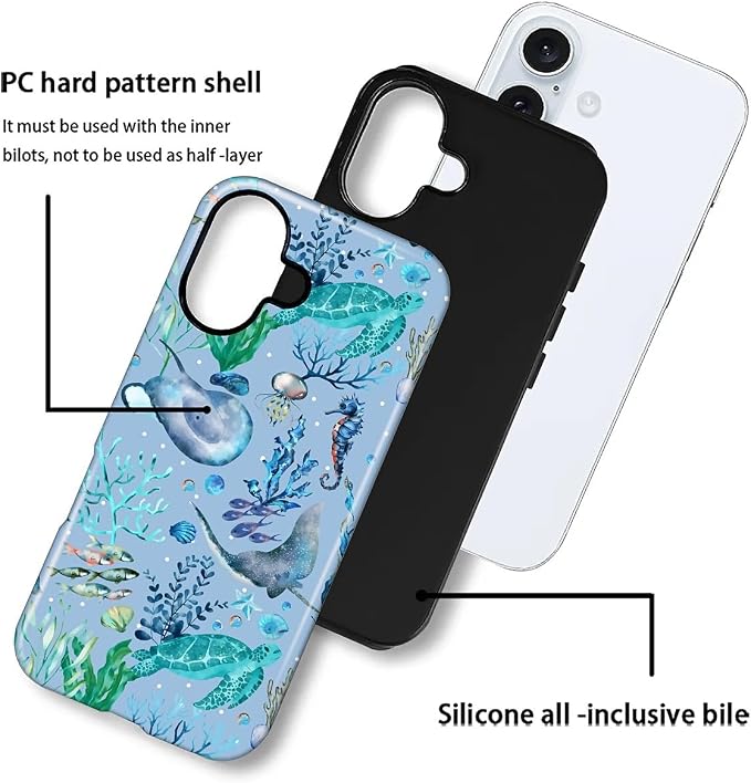 ZHEGAILIAN Case for iPhone 16, Ocean Stingray Turtle Seahorse Durable - Image 4