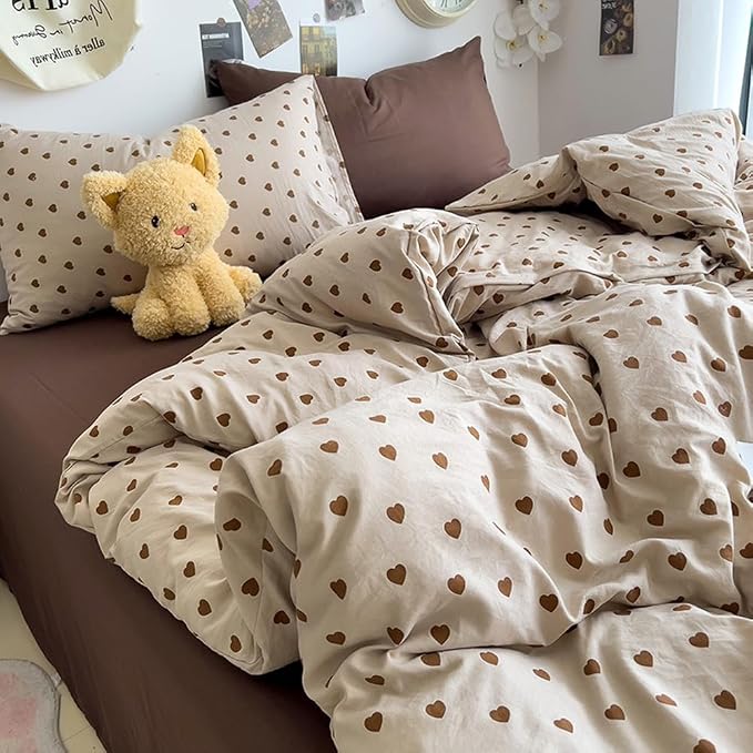 Nayoroom Brown Heart Duvet Cover King Size Vintage Hearts Printed on Taupe - Image 3