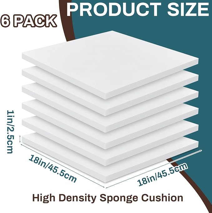 Frienda 6 Pack 1" X 18" X 18" Upholstery High Density Foam Cushion White - Image 2