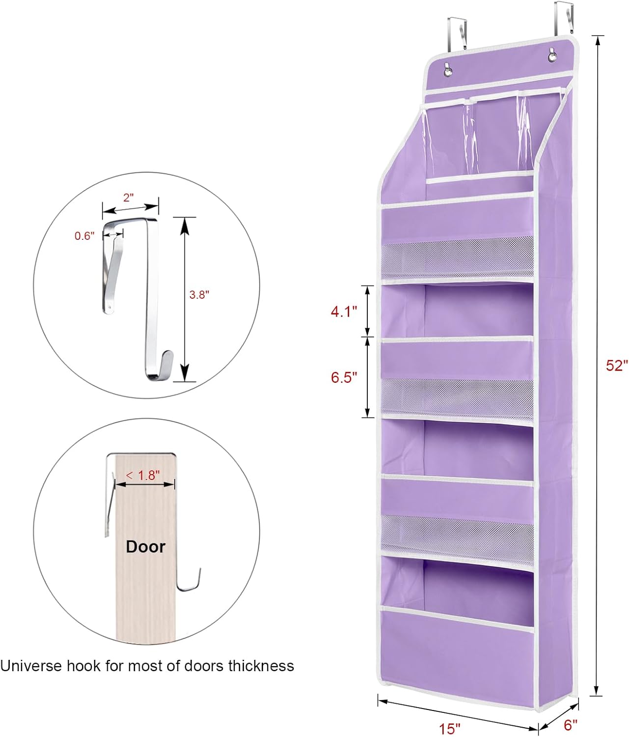 Univivi 5-Shelf Fabric Door Storage Over Door Hanging Organizer with 4 Large Pockets and 3 Small PVC Pockets Nursery Closet Cabinet Wall Mount Hanging Storage Organizers for Baby Nursery (Purple)