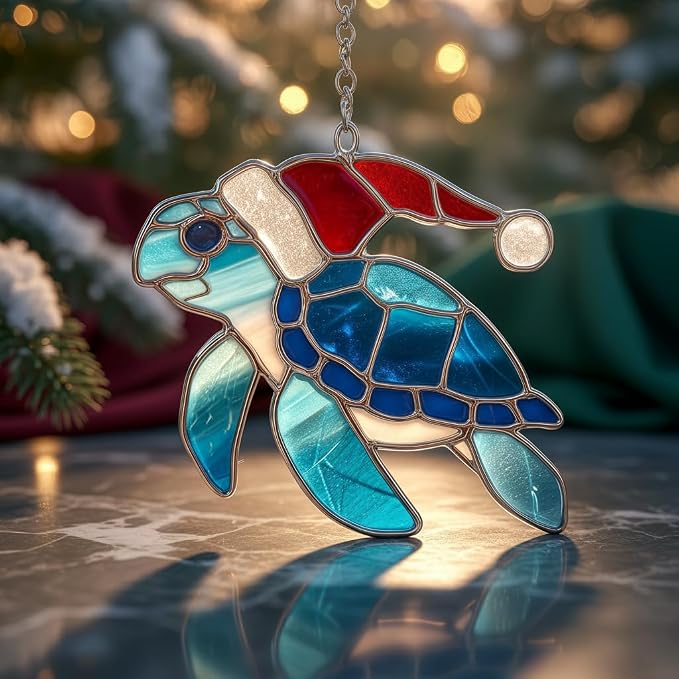 Sea Turtle Santa Hat Acrylic Suncatcher, Faux Stained Glass Indoor Window - Image 2