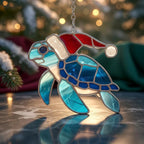 Sea Turtle Santa Hat Acrylic Suncatcher, Faux Stained Glass Indoor Window - Image 2