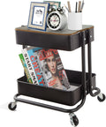 Melody House 2-Tier Metal Utility Rolling Cart Storage Organizer with Cover Board Mobile Trolley Sofa Side Table with Wheels for Office Home Kitchen Organization Black