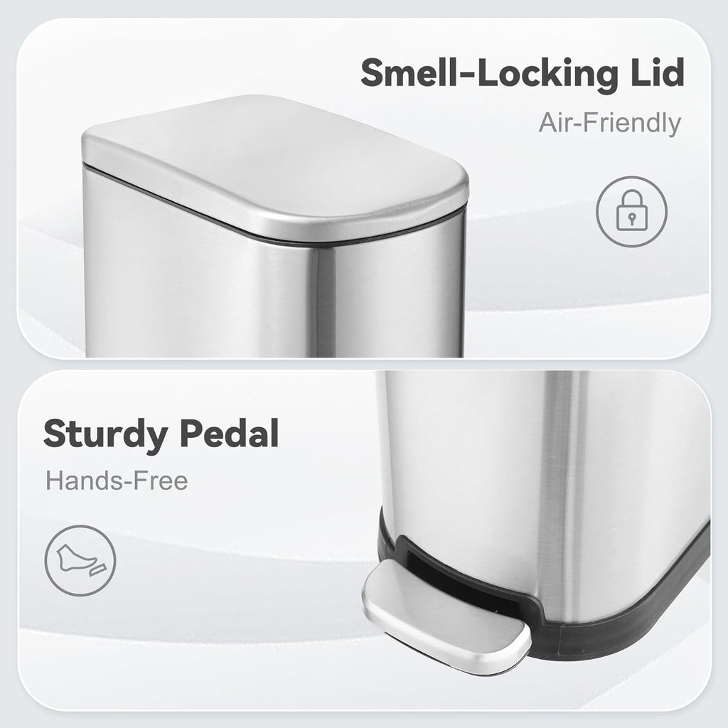 Bathroom Trash Can with Soft-Close Lid 3.5 Gallon Stainless Steel Garbage Can with Removable Inner Bucket Slim Trash Bins for Bedroom, Office (Silver)