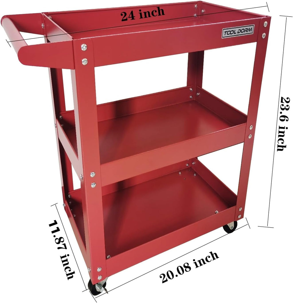 Utility Service Cart, 3 Shelf 150LBS Heavy Duty Steel Rolling Utility Cart, Medium Lipped Shelf, 360° Swivel Wheels, Ergonomic Storage Handle for Warehouse Garage, Red