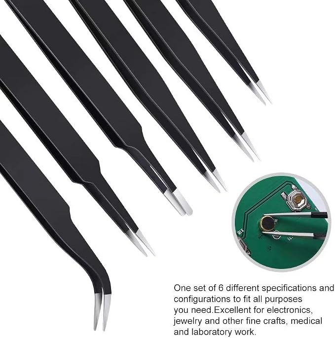 6PCS Precision Tweezers Set, Upgraded Anti-Static Stainless Steel Curved of - Image 5