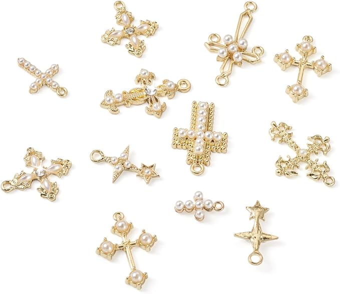 Cheriswelry 18Pcs Cross Metal Charms Light Gold Pearl Rhinestone Pendants Alloy - Image 9