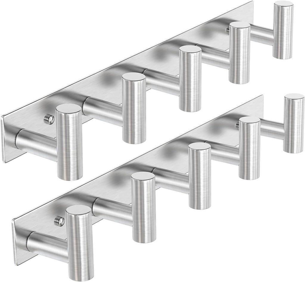 VAEHOLD Silvery Hat and Coat Wall Mount Rack - 5 Hooks for Robes, Bags, Keys, and Towels - Bathroom Towel Hanger Organizer (2 Pack)
