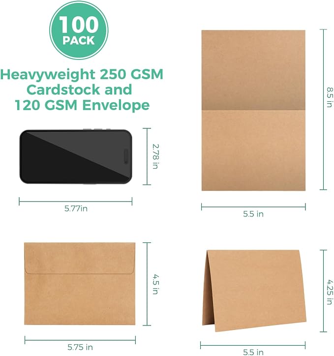 Ohuhu A2 Blank Brown Kraft Cards and Self-Seal Envelopes 100 Pack | 4.25" x - Image 2
