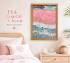 Framed Pink Girl Coastal Canvas Wall Art, Beach Surfers on Pastel Sand Painting - Image 2