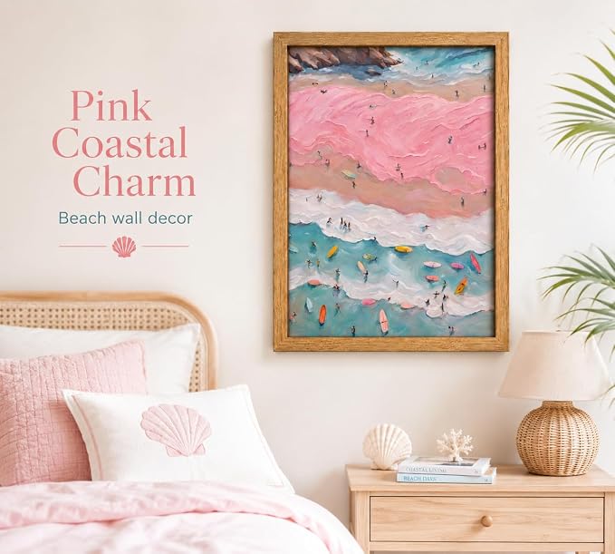 Framed Pink Girl Coastal Canvas Wall Art, Beach Surfers on Pastel Sand Painting - Image 2