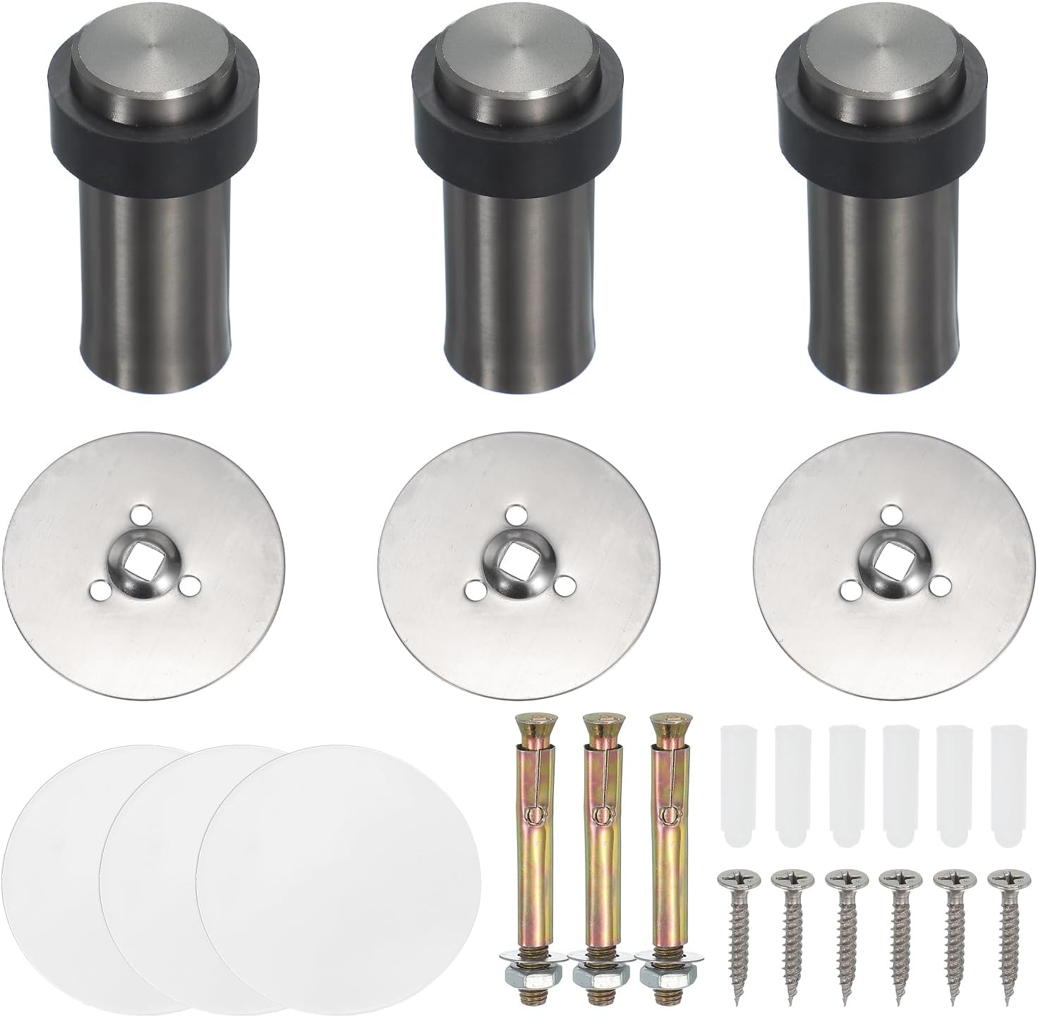 PATIKIL 3Set Round Door Stoppers, 80mm Stainless Steel Door Stop Doorstop Wedge Metal Cylinder Self Adhesive with Screw for Bottom of Door Floor Inside, Gold Tone