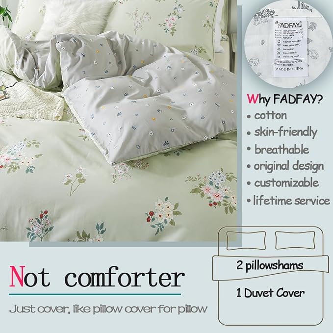 FADFAY Floral Duvet Cover Set Queen 100% Cotton Sage Green Comforter Set - Image 2