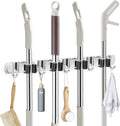 IMILLET Broom Holder Wall Mounted, Stainless Steel Broom Mop Holder Self Adhesive Heavy Duty Hooks Storage Organizer for Home Laundry Room Garden Garage Closet Kitchen 1 Pack（4 Racks with 5 Hooks）