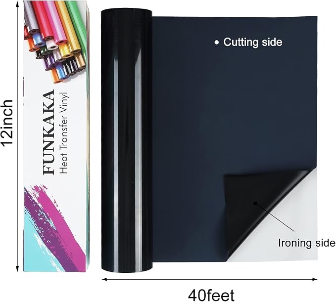 FUNKAKA Black Heat Transfer Vinyl Rolls, Adhesive Glossy HTV Vinyl - Image 2