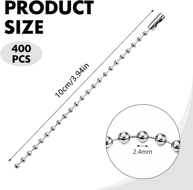 400 Pcs Long Bead Ball Chain Keychain, 3.9 Inch Silver, 2.4mm - Image 2