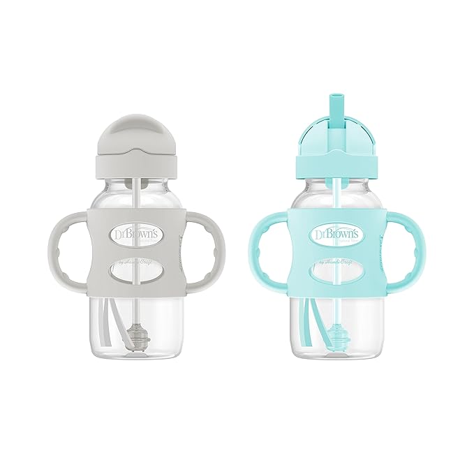 Dr. Brown's Milestones Wide-Neck Sippy Straw Bottle with 100% Silicone Handles and Weighted Straw, 9 oz/270 mL, Gray & Green, 6m+
