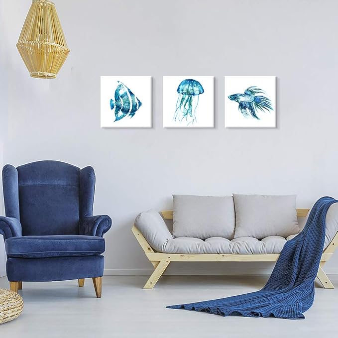 JAPO ART -Ocean Theme Wall Art Sea Animal Blue Jellyfish Tropical Fish Canvas - Image 3
