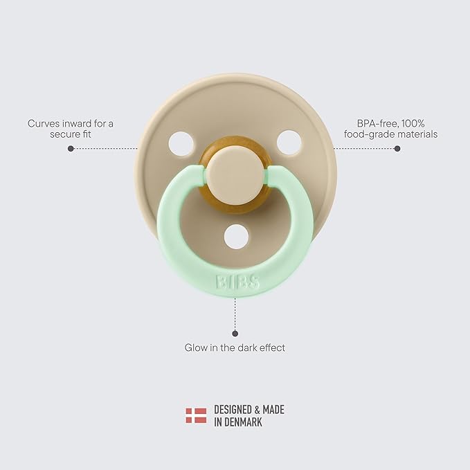 BIBS Colour Night Glow in The Dark Soother 2-Pack, BPA Free Dummy Pacifier, Round Nipple. Natural Rubber Latex, Made in Denmark, Size 2 (6-18 Months), Petrol Glow/Deep Space Glow