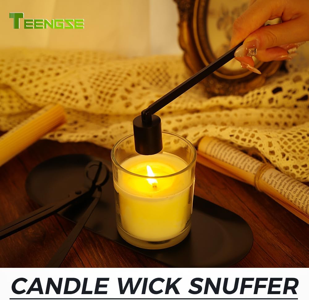 4 in 1 Candle Accessory Set with Storage Tray Plate, Candle Wick Trimmer, Candle Wick Snuffer, Candle Wick Dipper (Black)
