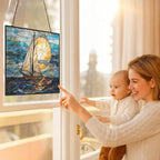 Rectangle Art Nouveau Horizon Sailboat Stained Glass Sun Catcher, Wall Hanging - Image 5