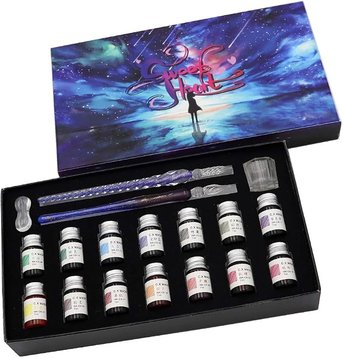 AXEARTE Glass Dip Calligraphy Pen Set, 18-Pieces 14 Color Inks, Pen Holder - Image 2