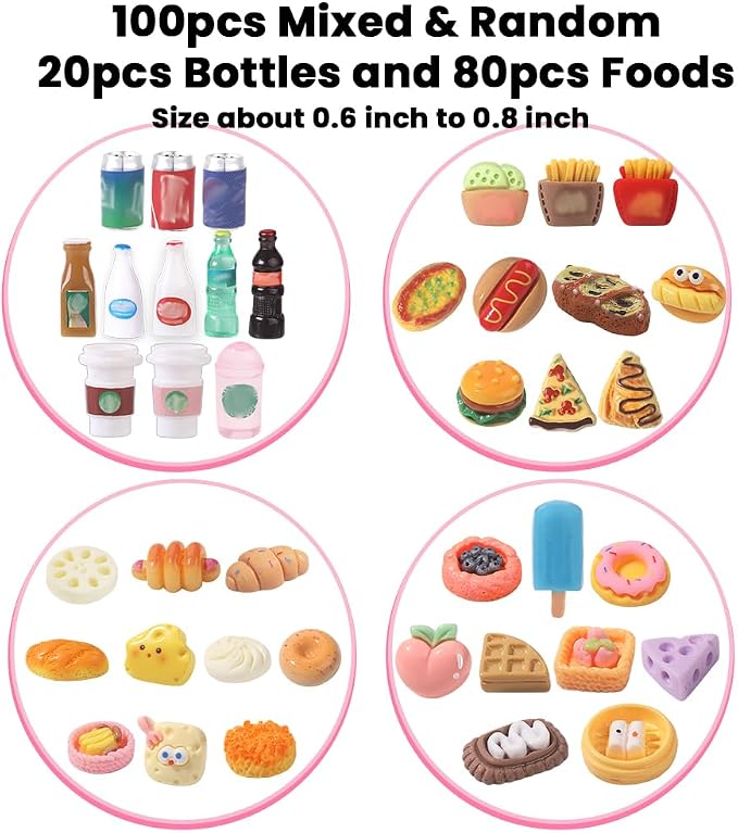 DULEFUN 100pcs Miniature Foods Drink Bottles Toys, Mixed Mini Resin Food Drinks - Image 3