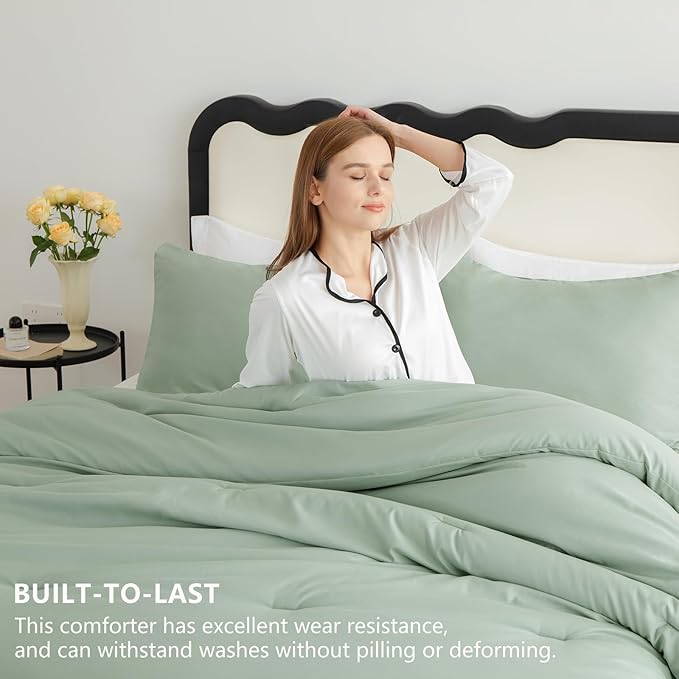 CozyLux Sage Green Queen Comforter Set, 3 Pieces Solid Breathable Quilted - Image 3