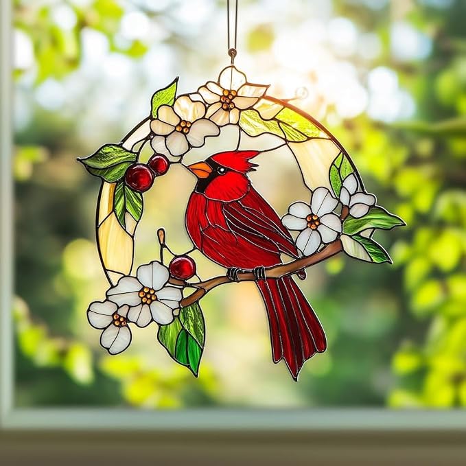 Red Cardinal Acrylic Suncatcher Window Hanging Red Bird Memorial Ornament by Unknown
