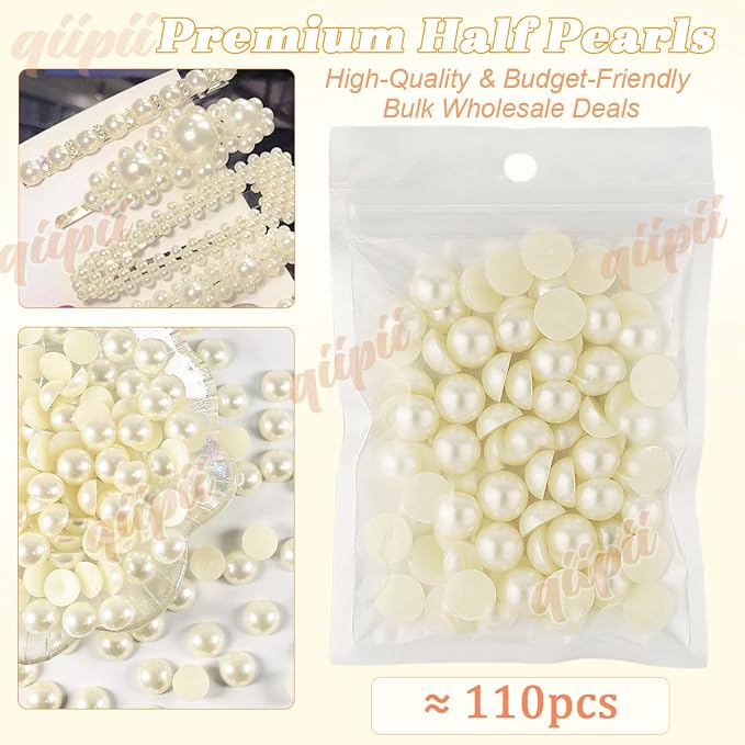 qiipii 110PCS 12mm Beige White Round Half Round Pearls - Image 2
