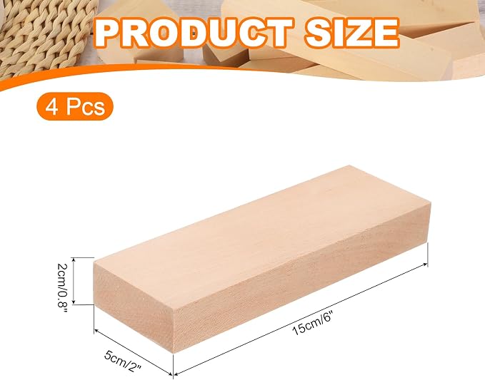 MECCANIXITY 4Pcs Basswood Carving Block, 0.8"x2"x6" Square Wooden Dowels Blocks - Image 2