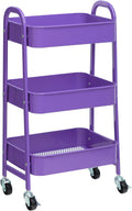 AGTEK Makeup Cart, Movable Rolling Organizer Cart, 3 Tier Metal Utility Cart with Lockable Wheels for Home & Office, Violet