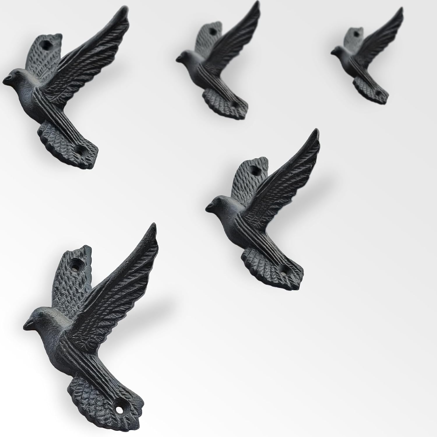 Ambipolar Flying Style Iron Cast Decorative Pigeon Bird Wall Mounted Coat Hooks, 5 Pieces, Black