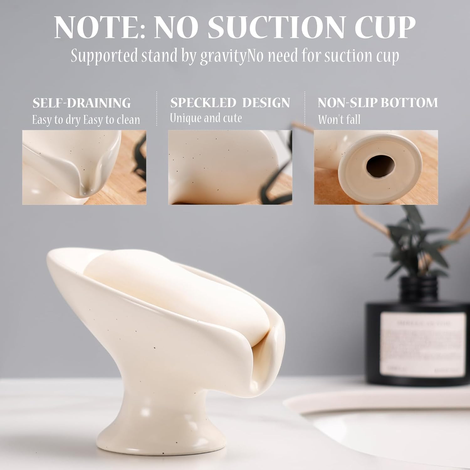 Soap Dish, Self Draining Bar Soap Holder for Bathroom Sink, Leaf Shaped Drainage Ceramic Speckled Soap Dish Porcelain Decorative Soap Dishes, ANTIS'S HOME