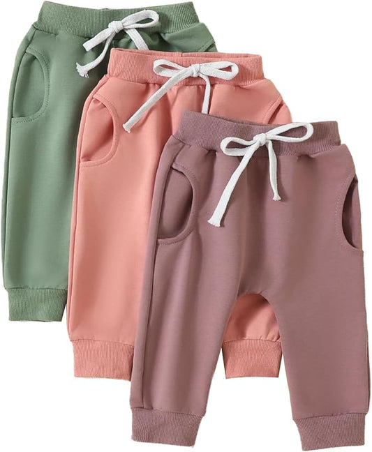 Sejardin Toddler Baby Boy Girl Pants 3 Pack Solid Color Elastic Waist Jogger Sweatpants Newborn Infant Casual Bottoms