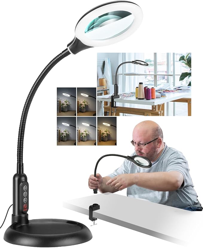 12X Magnifying Glass with Light and Stand, Real Glass, LED 5 Color Modes by RackydigPro