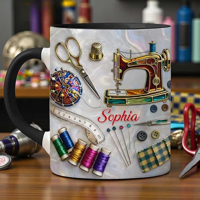 Love Sewing Personalized 2D Printed Custom Faux Stained Glass Sewing Ceramic Mug by HUGLIFT