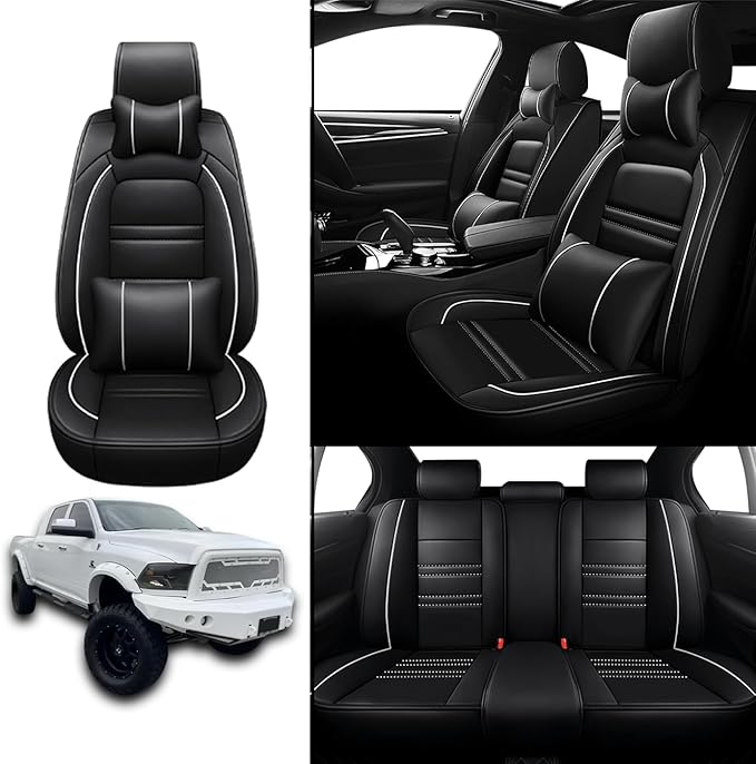 Car Seat Covers for Dodge ram 2500 2004-2011 | 5-Seats Seat Covers, Waterproof Seat Protectors, Automotive Seat Covers (Full Set with Pillow,Black&White Line)