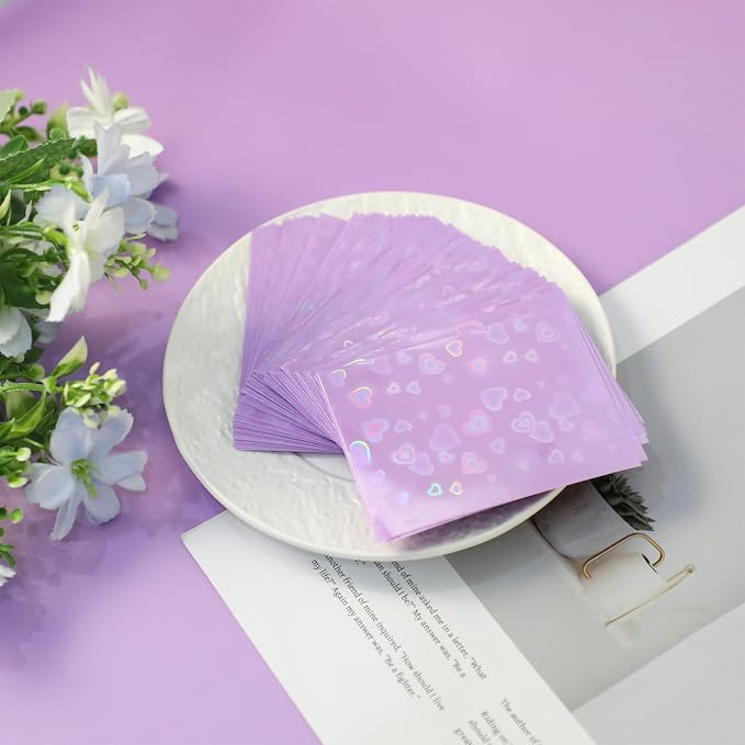 100pcs Holographic Colors Card Sleeves, 3.58x2.6in/91x66mm Colored Heart-Shaped - Image 3