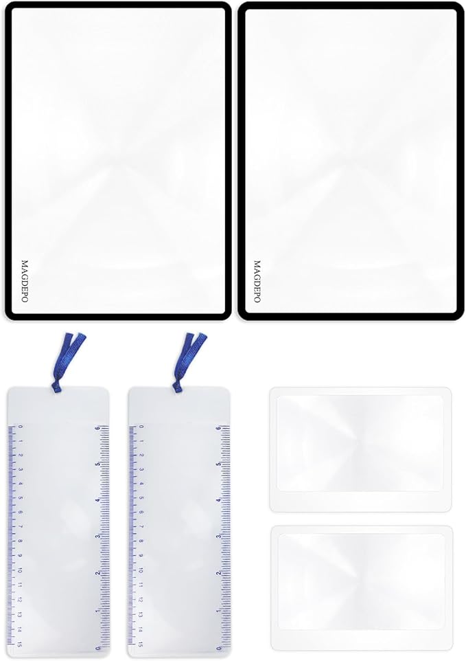 MAGDEPO 3X Page Magnifying Lens 4.75" x 7" Combo-Set 2 Bookmark Magnifier by MMAGDEPO