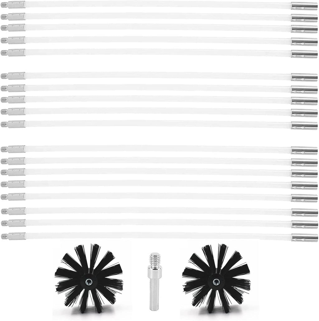 25 Feet Stove Pipe Clean Brush Extension Rods Flexible Fireplace Chimney Brush Stove Pipe Brush Rod Rotary Air Duct Dryer Vent Cleaner Rods Flue Brush Chimney Sweep Kit with Brush Head