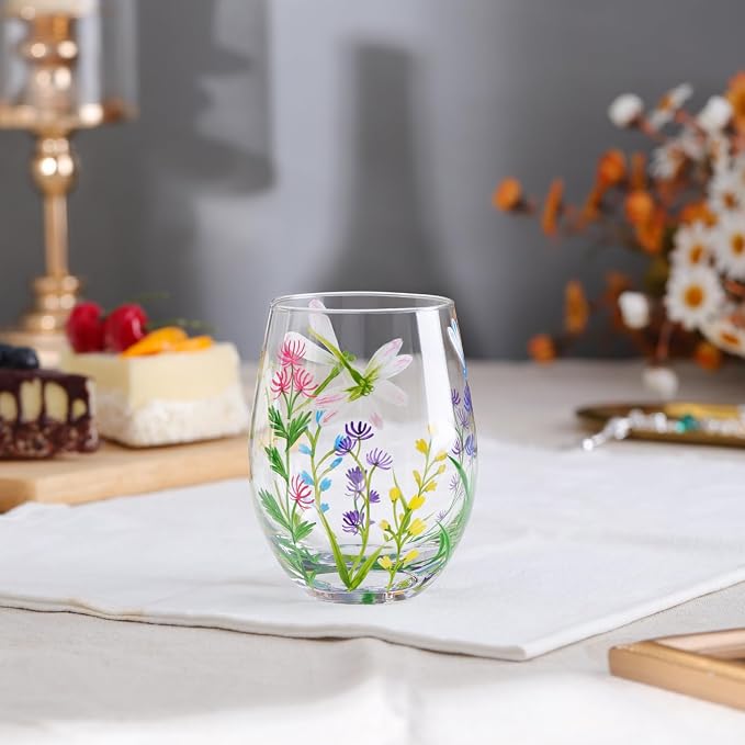 NymphFable Hand Painted Stemeless Wine Glass 18oz Set of 2 Dragonfly Flowers - Image 2