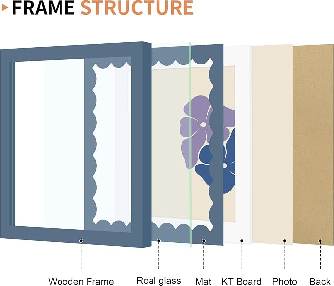 8x8 Picture Frame with Wavy Mat, Wooden Real Glass 8 x 8 Photo Frame - Image 5