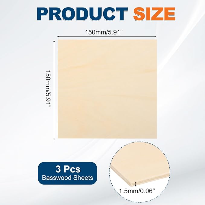 MECCANIXITY 3pcs Basswood Sheets 6 x 6 x 1/16 Inch Unfinished Wood Boards - Image 2