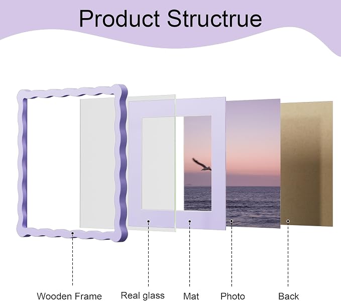 10x10 Picture Frame with Mat for 8x8, Wavy Edge Wooden Real Glass Photo Frame - Image 5
