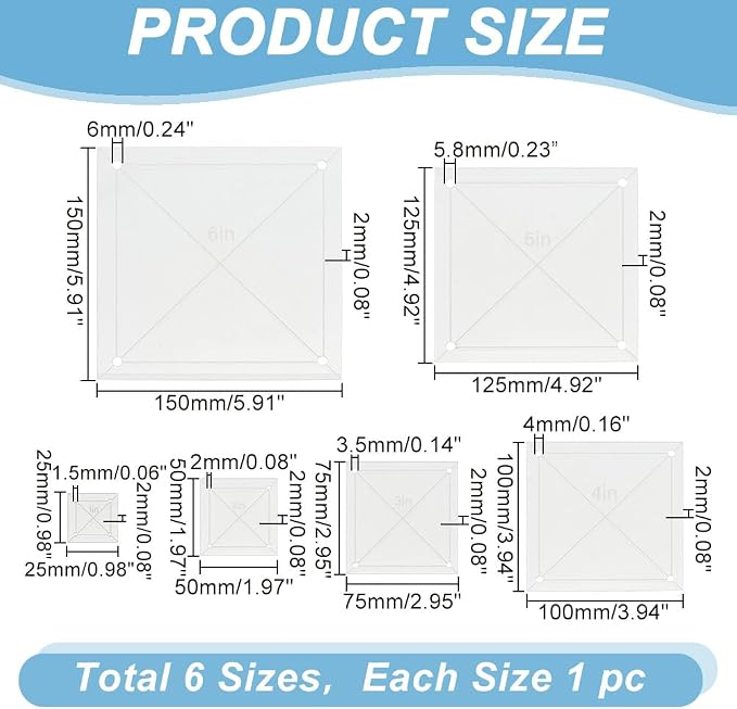 6Pcs Quilting Template Acrylic 0.98-5.91 Inch Clear Square Templates - Image 2