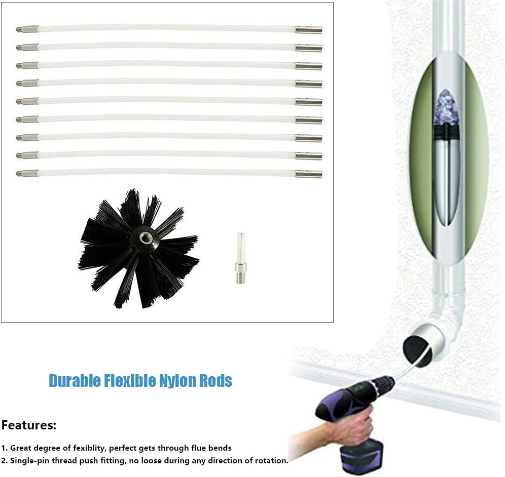 12 Feet Stove Pipe Clean Brush Extension Rods Flexible Fireplace Chimney Brush Stove Pipe Brush Rod Rotary Air Duct Dryer Vent Cleaner Rods Flue Brush Chimney Sweep Kit with Brush Head